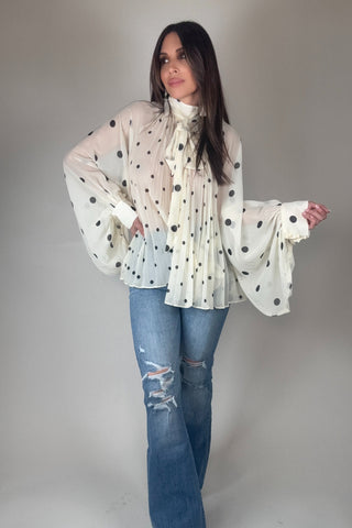 Polka Dot Pleated Chiffon Blouse - Born To Glam