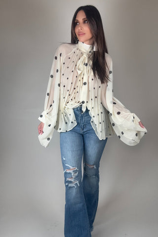 Polka Dot Pleated Chiffon Blouse - Born To Glam