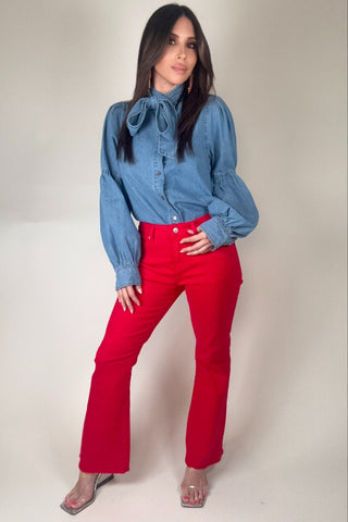 Denim Bow Collar Button Down Top - Born To Glam