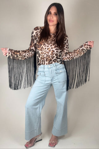 Fringed Leopard Print Mesh Top - Born To Glam