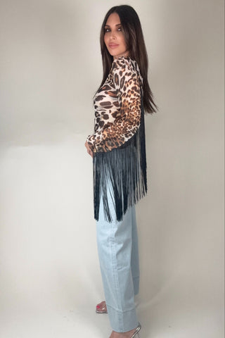 Fringed Leopard Print Mesh Top - Born To Glam