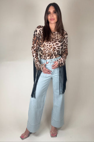 Fringed Leopard Print Mesh Top - Born To Glam