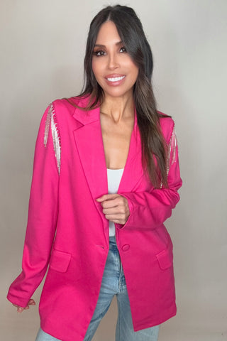 Hot Pink Boyfriend Rhinestone Shoulder Blazer - Born To Glam