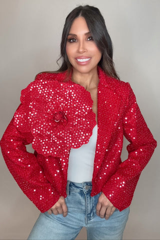 Red Florette Shoulder Sequin Jacket - Born To Glam