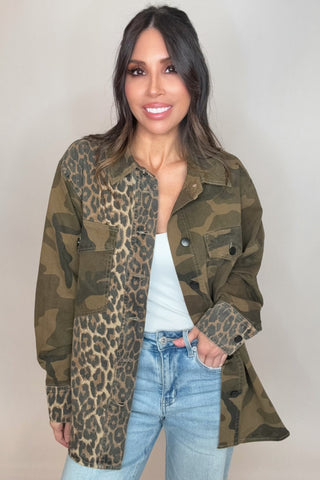 Camo Green Mix Media Leopard Snap Jacket - Born To Glam