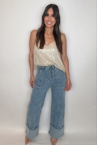 Cuffed Sequin Bottom Detailed Jeans - Born To Glam