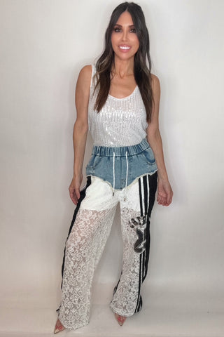 Denim Lace Sport Pants with Number Patch - Born To Glam