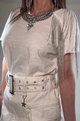Slub Jersey Rhinestone Fringe T Shirt Top - Born To Glam