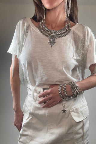 Slub Jersey Rhinestone Fringe T Shirt Top - Born To Glam