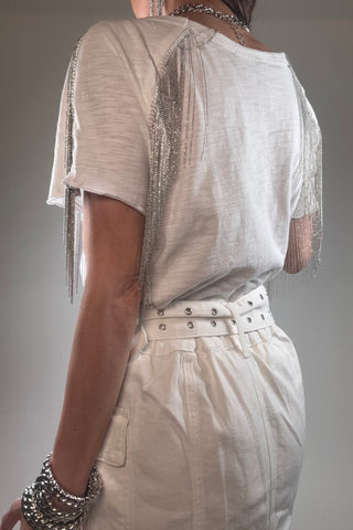 Slub Jersey Rhinestone Fringe T Shirt Top - Born To Glam