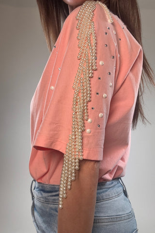 Pearl Fringe Shoulder T Shirt - Born To Glam