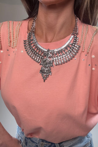 Pearl Fringe Shoulder T Shirt - Born To Glam