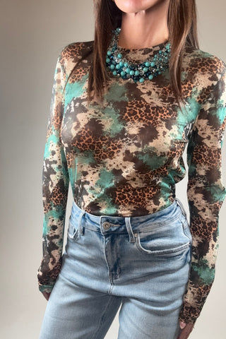 Leopard & Turquoise Print Mesh Top - Born To Glam