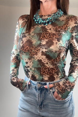 Leopard & Turquoise Print Mesh Top - Born To Glam