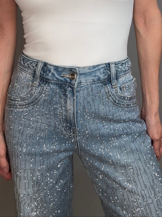 Style the Bayeas Mid Rise Wide Leg Crystal Stretch Jeans exclusively at Born To Glam