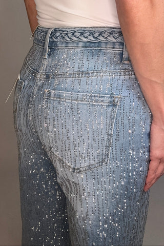 Style the Bayeas Mid Rise Wide Leg Crystal Stretch Jeans exclusively at Born To Glam