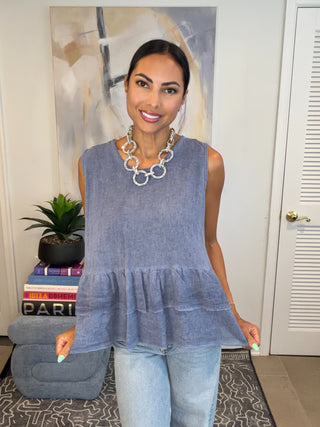 Blue Ruffle Peplum Sleeveless Top - Born To Glam