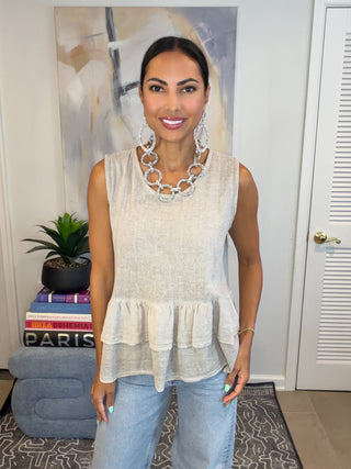 Taupe Ruffle Peplum Sleeveless Top - Born To Glam