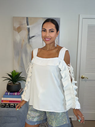 White Pleated Cold Shoulder Long Sleeve Top - Born To Glam