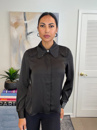 Black Silk Lace Trim Statement Collar Blouse - Born To Glam