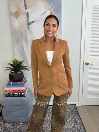 Camel Embellished Pocket Fitted Blazer - Born To Glam