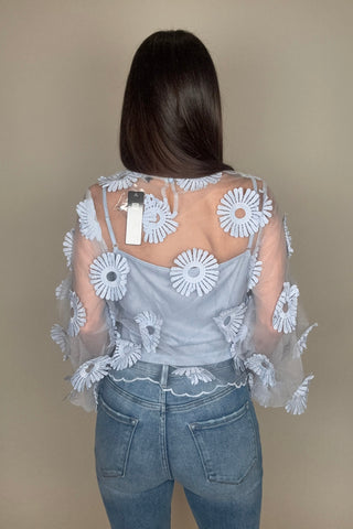 Long Sleeve Floral Applique Tulle Top - Born To Glam