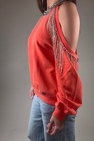 French Terry Cold Shoulder Rhinestone Sweatshirt - Born To Glam