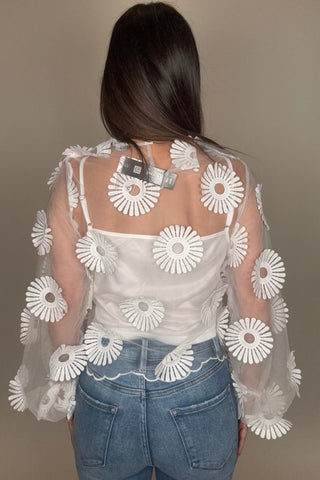 Long Sleeve Floral Applique Tulle Top - Born To Glam