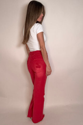 Style the Bayeas Red High Rise Wide Leg Stretch Jeans exclusively at Born To Glam