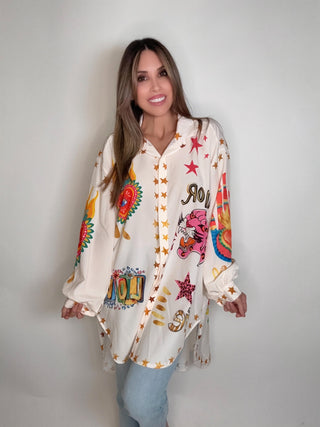 Style the Graphic Oversized Italian Button Down Top exclusively at Born To Glam