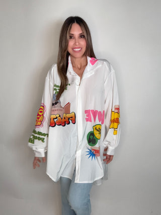 Style the Graphic Oversized Italian Button Down Top exclusively at Born To Glam