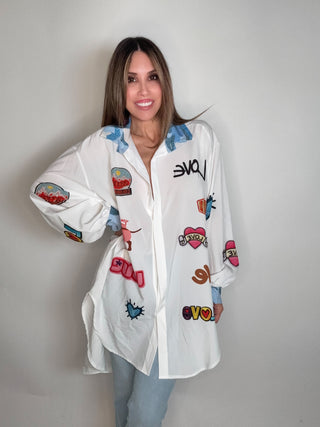 Style the Graphic Oversized Italian Button Down Top exclusively at Born To Glam