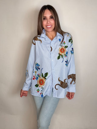 Style the Leopard Floral Striped Italian Button Down exclusively at Born To Glam