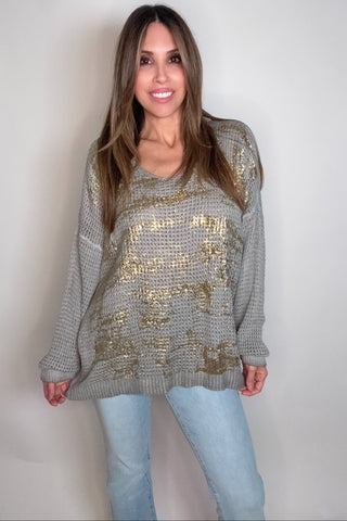 Style the Gold Metallic One Size Waffle Knit Sweater exclusively at Born To Glam