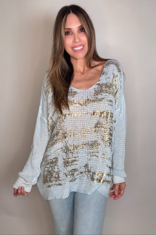 Style the Gold Metallic One Size Waffle Knit Sweater exclusively at Born To Glam