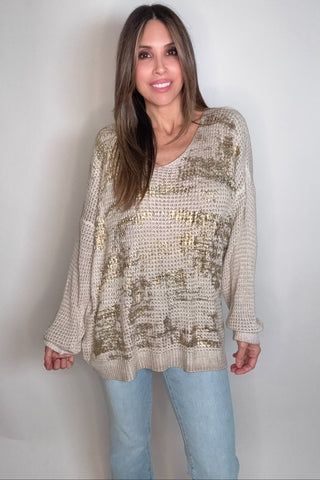 Style the Gold Metallic One Size Waffle Knit Sweater exclusively at Born To Glam