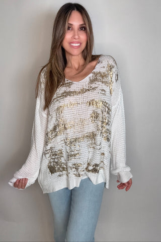 Style the Gold Metallic One Size Waffle Knit Sweater exclusively at Born To Glam
