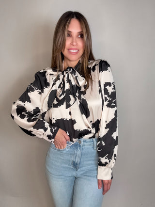 Cow Print Tie Collar One Size Top