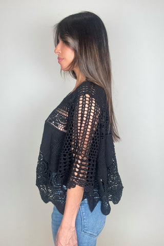 Black Oversized Lace And Crochet Top - Born To Glam