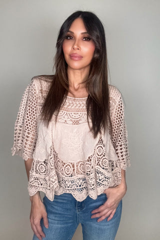 Taupe Oversized Lace And Crochet Top - Born To Glam