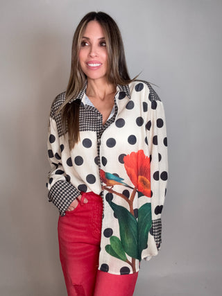 Polka Dot Floral Mixed Pattern Italian Button Down Top