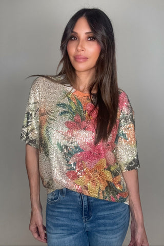 Gold Tropical Sequin Tee - Born To Glam