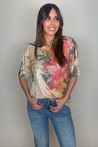 Gold Tropical Sequin Tee - Born To Glam