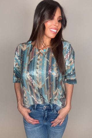 Silver Turquoise Geo Sequin Tee - Born To Glam