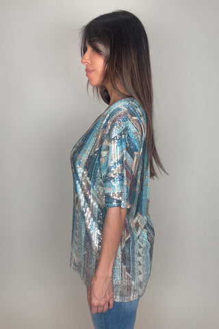 Silver Turquoise Geo Sequin Tee - Born To Glam