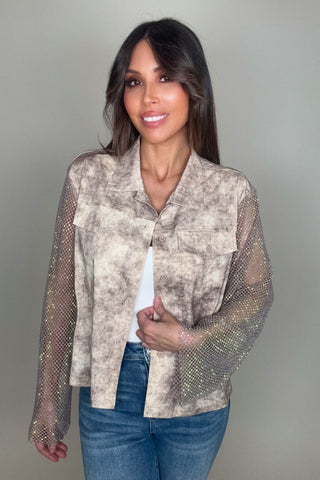 Taupe Tye Dye Crystal Mesh Sleeve Jacket - Born To Glam