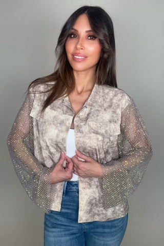 Taupe Tye Dye Crystal Mesh Sleeve Jacket - Born To Glam