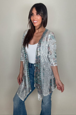Silver Turquoise Sequin Cardigan - Born To Glam