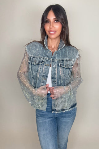 Denim Crystal Mesh Sleeve Jacket