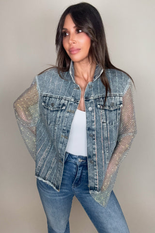 Denim Crystal Mesh Sleeve Jacket - Born To Glam